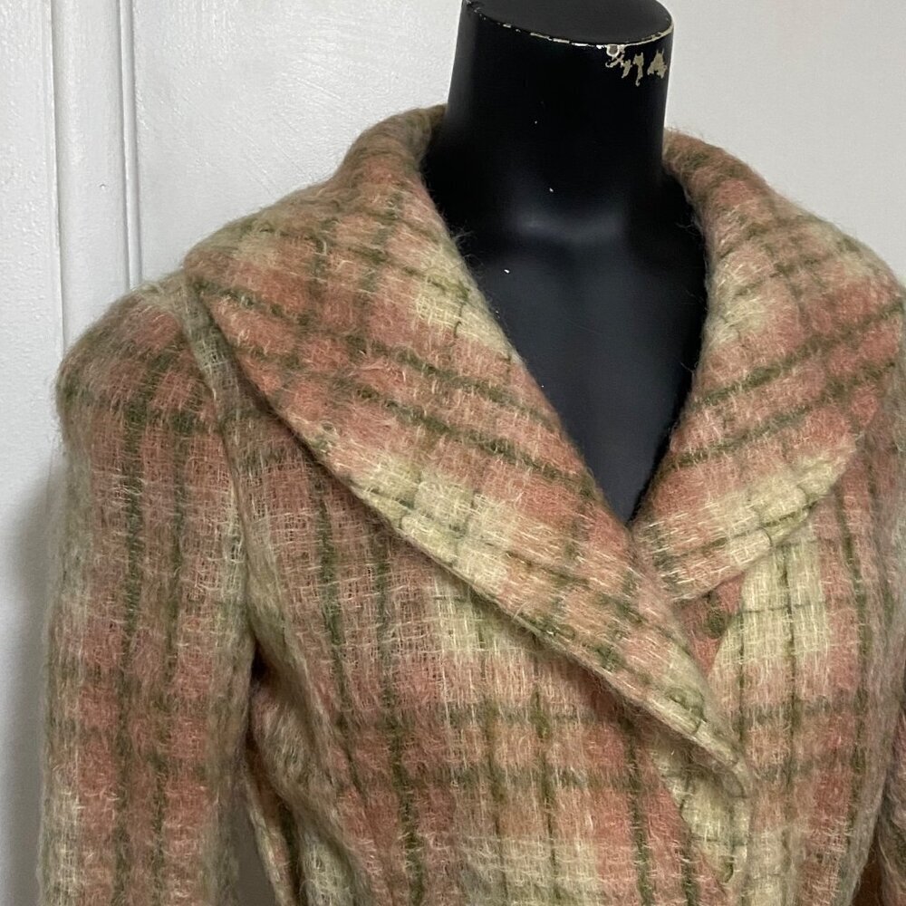 Unbranded Plaid Wool Coat in Cream Pink Olive Size Medium - Picture 3 of 6